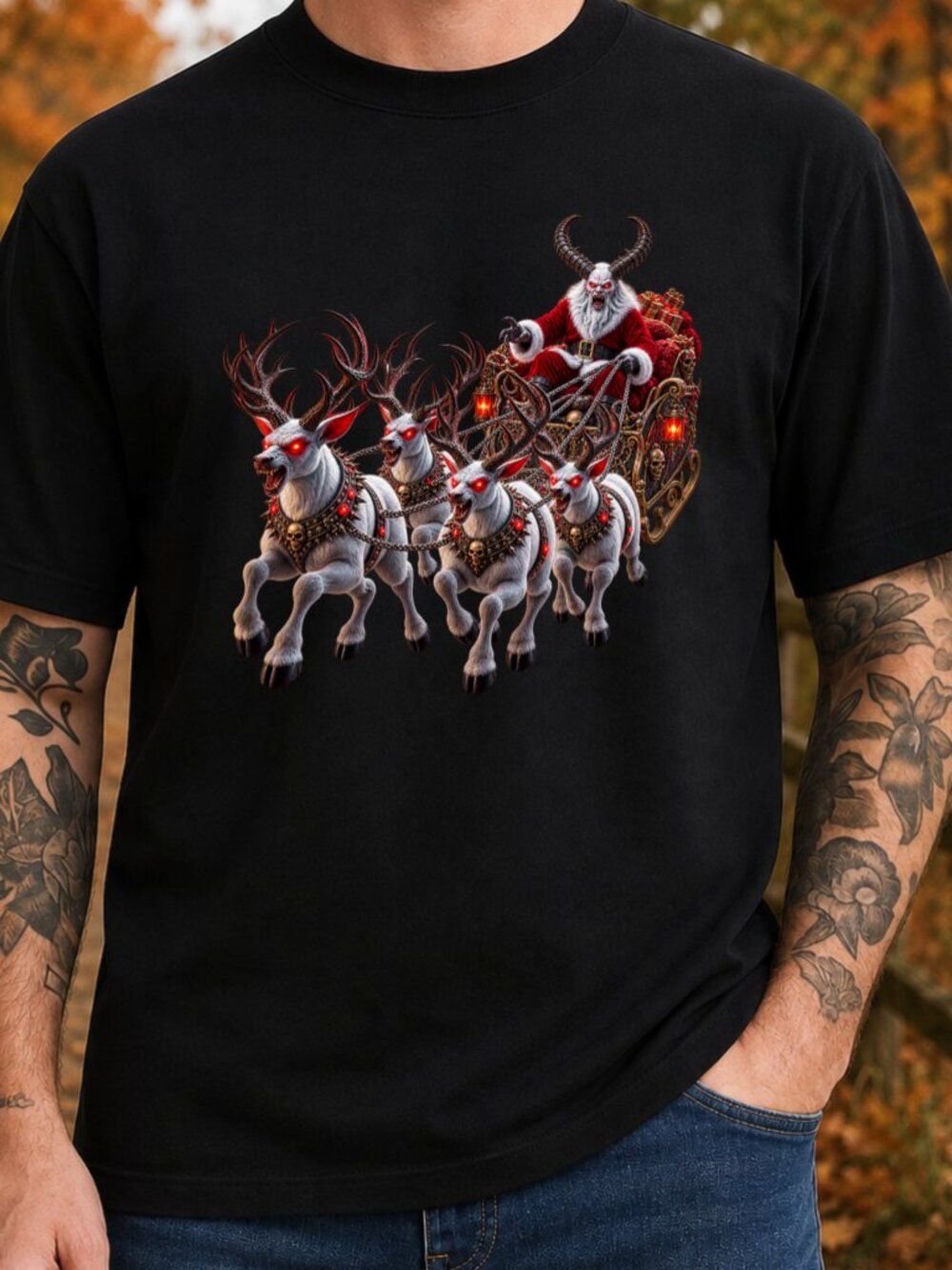 Demon Santa With Evil Demon Reindeer TShirt Graphic Tee Funny Horror Christmas